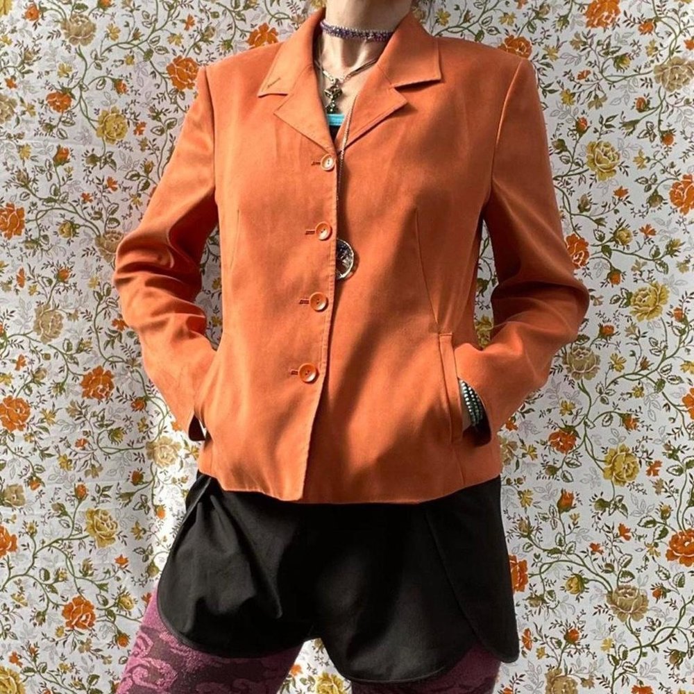 vintage 90s faux suede burnt orange blazer academia fall talbots sz 4 autumn